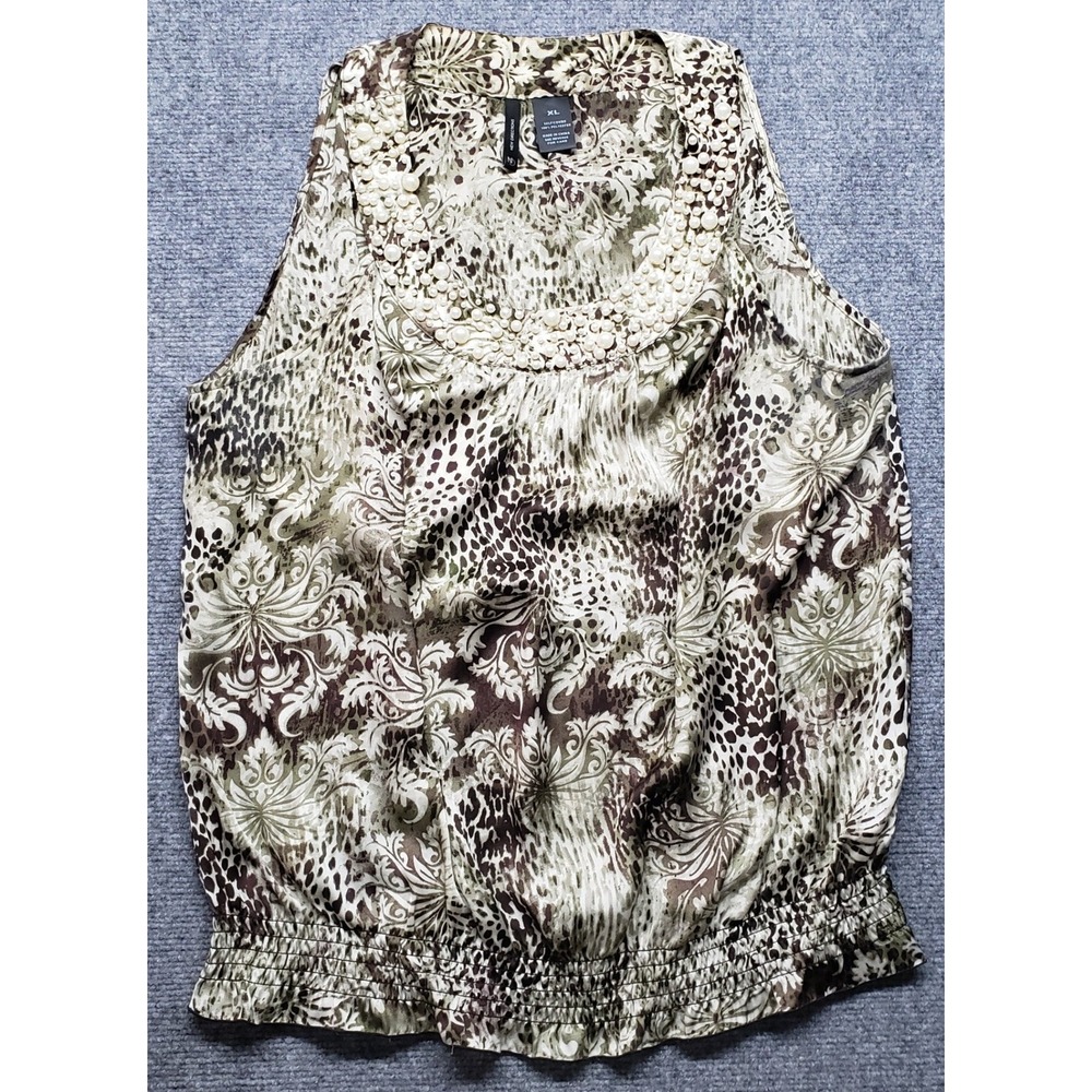 New Directions Blouse Womens XL Sleeveless Floral Pearl Embellished Top
